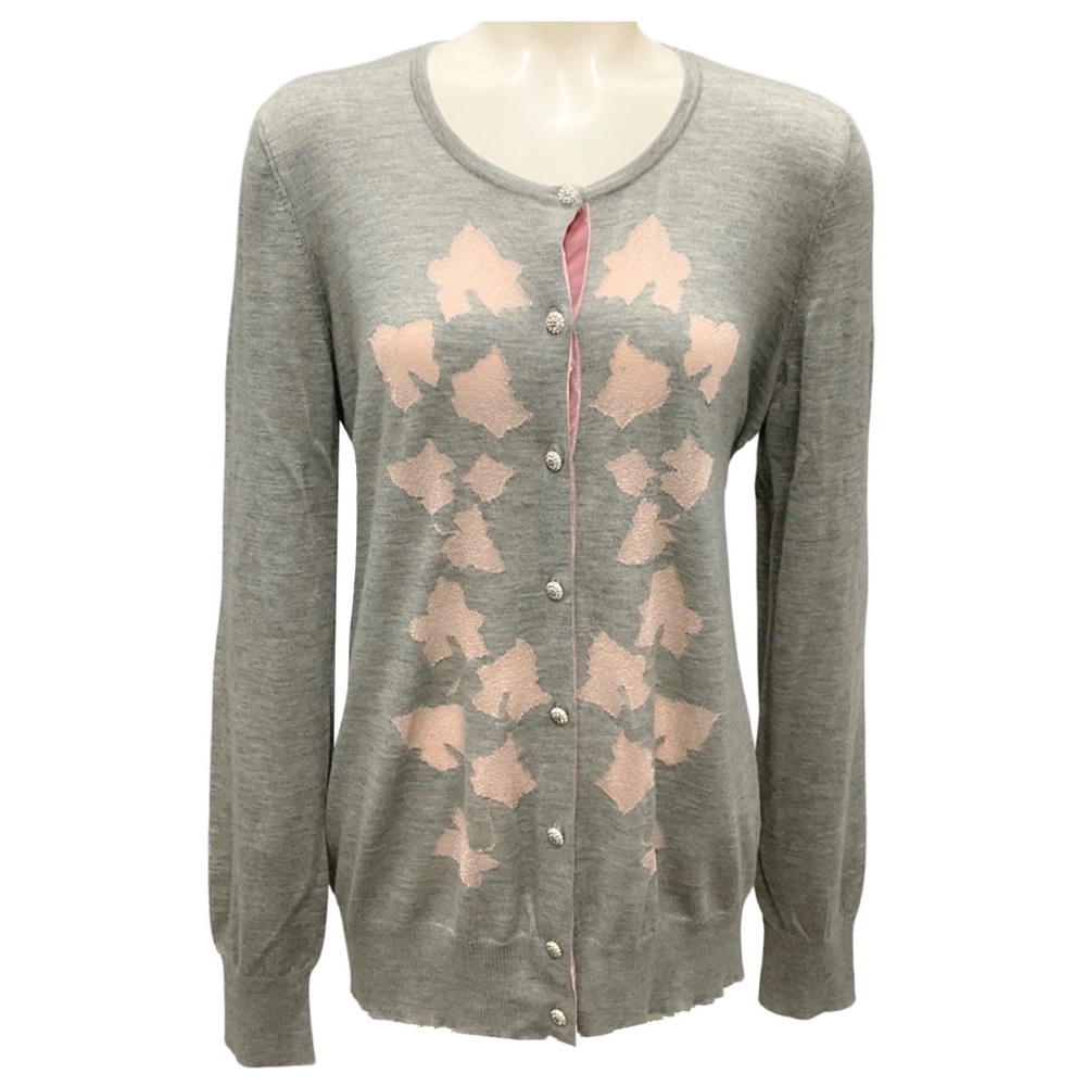 CHANEL GREY / PINK CASHMERE KNIT CARDIGAN SWEATER WITH CC LOGO BUTTONS